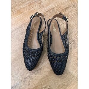 Seychelles Black Woven Leather Slingback Flats Pointed Toe Buckle Shoes 8